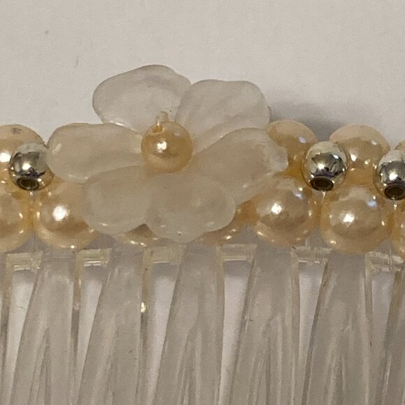 Vintage Cream White Pearl Beaded Flower Side Hair Comb 80s 90s Bridal Communion - Picture 7 of 11